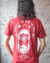 Rear print view of Model wearing The Time is Now Vegan Statement Tshirt