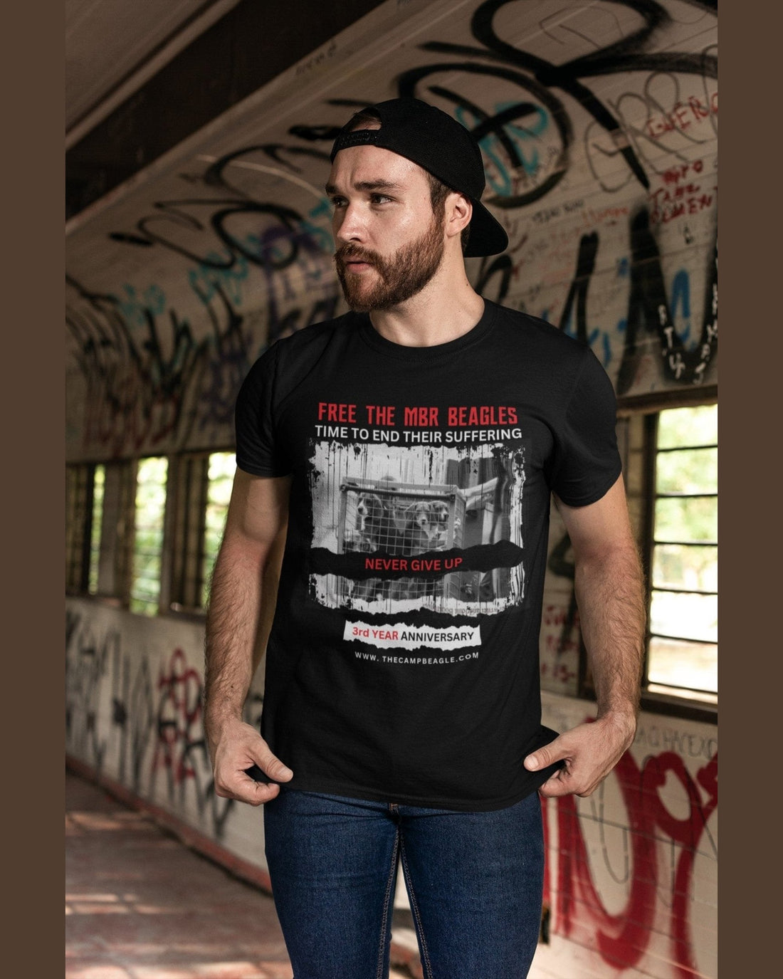 Three-year anniversary Camp Beagle Unisex Statement T-shirt – “Never Give Up”- WITH DATE