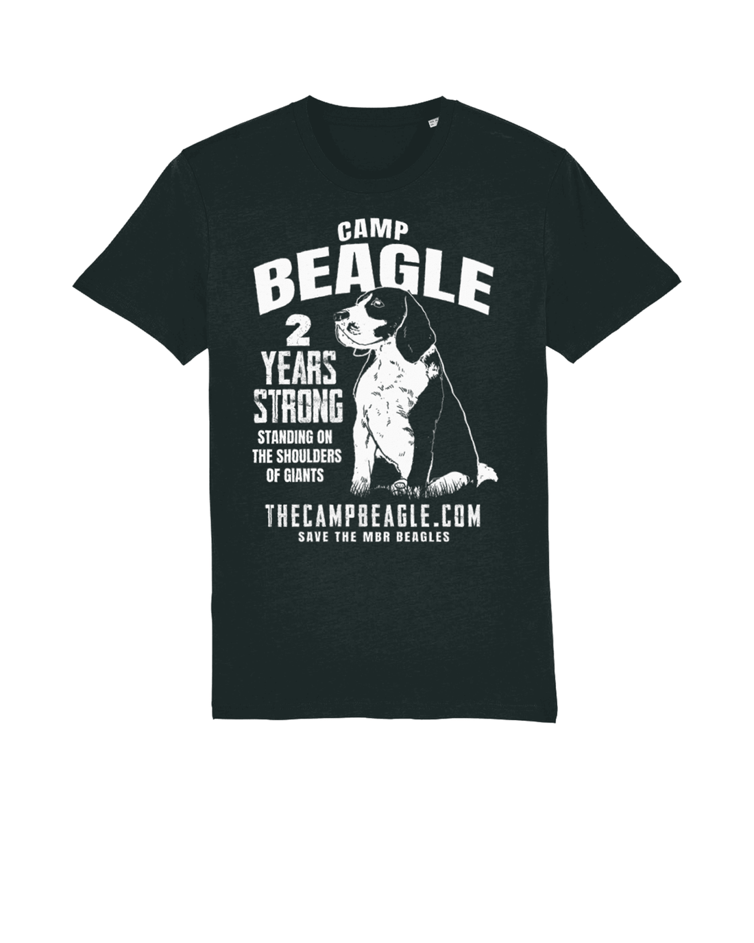 Camp Beagle 2nd anniversary Tshirt black with white print by Viva La Vegan