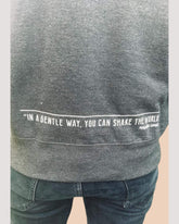 Human Kind sweatshirt back print detail with a quote &