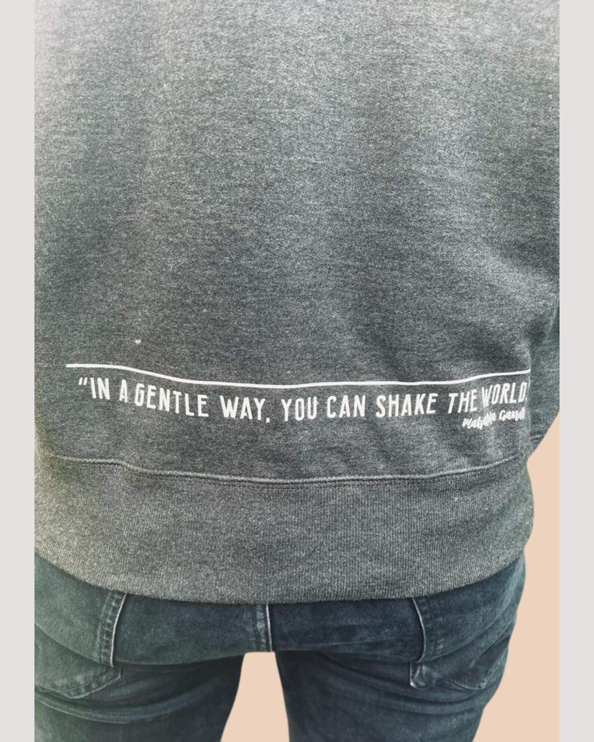 Human Kind sweatshirt back print detail with a quote &