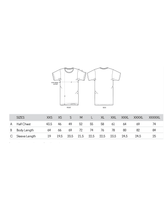 A diagram and chart showing the size for the Garden of vegan tshirt in unisex style