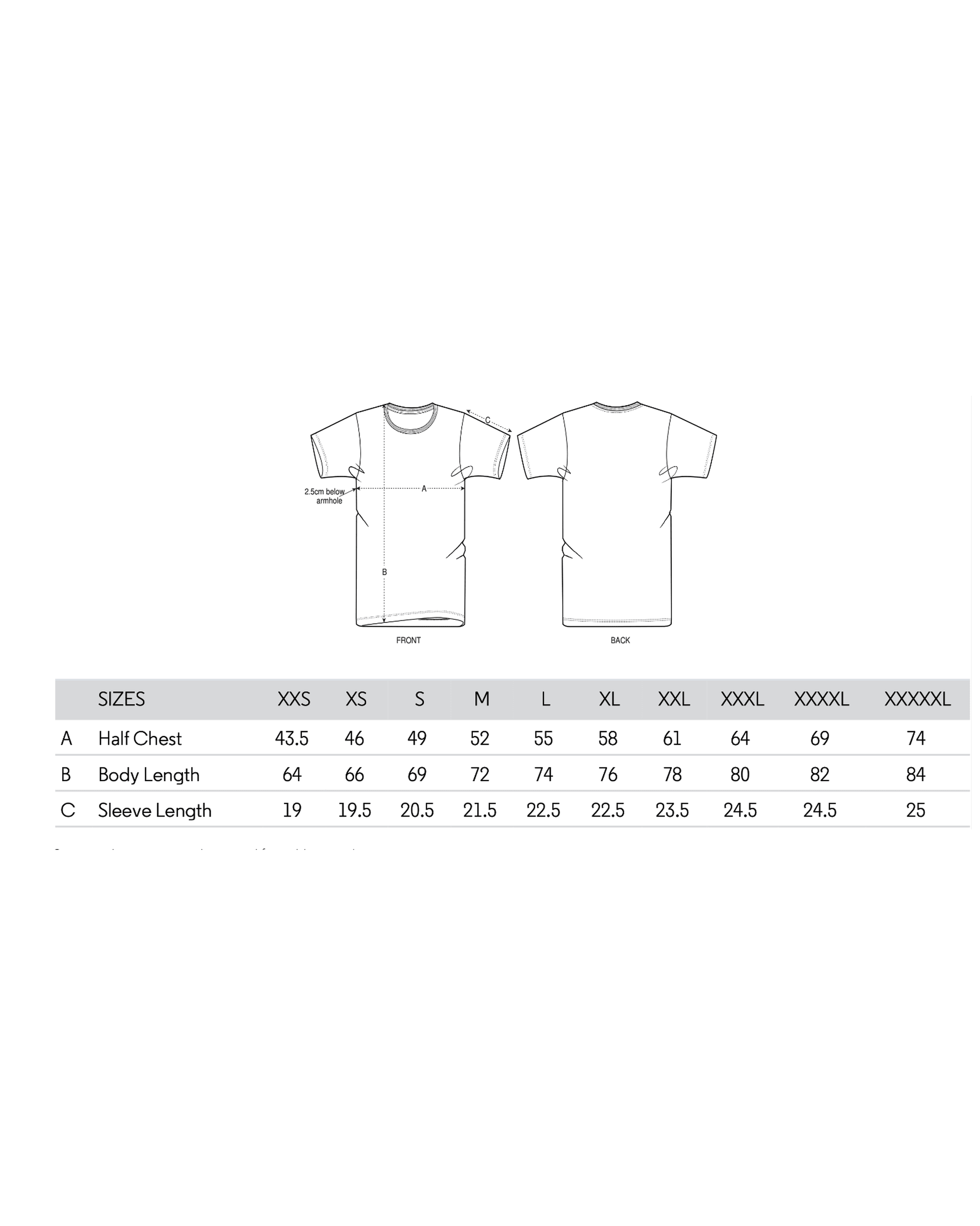 A diagram and chart showing the size for the Garden of vegan tshirt in unisex style