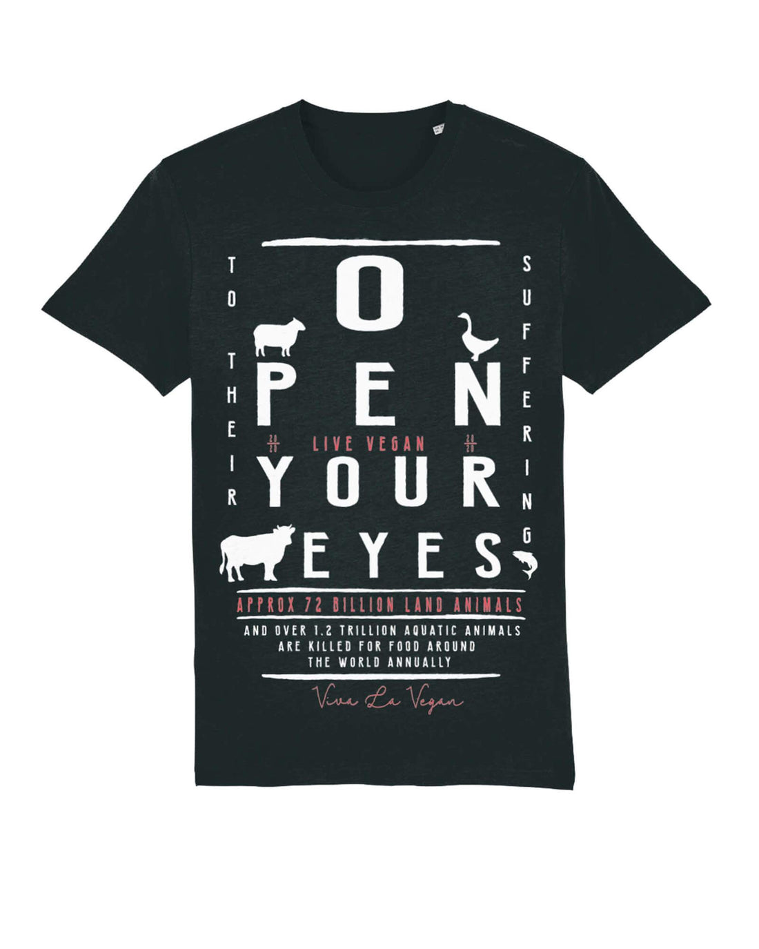 Flat lay of a classic style black tshirt with an extra large torso eyechart inspired print &