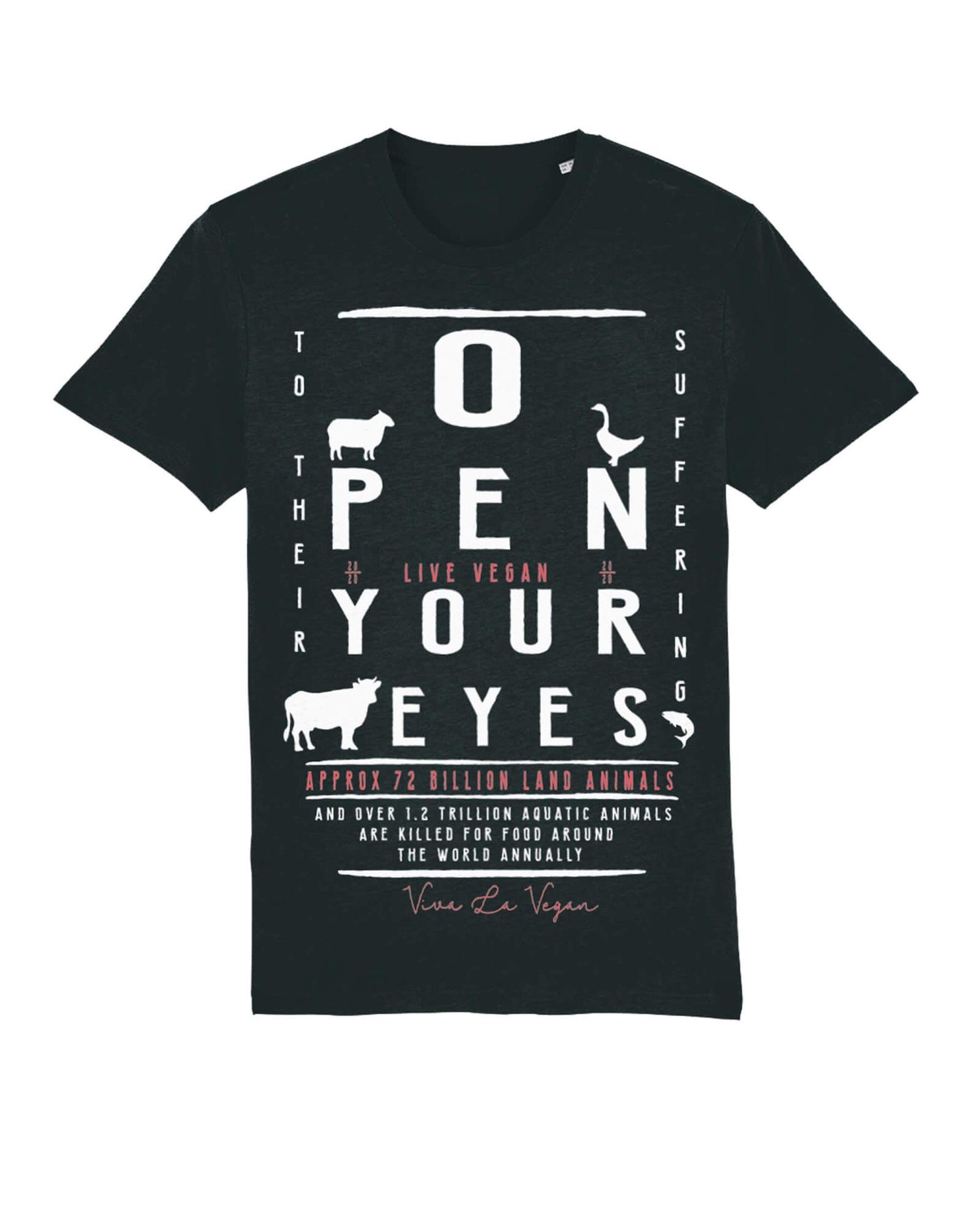 Flat lay of a classic style black tshirt with an extra large torso eyechart inspired print &