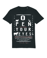 Flat lay of a classic style black tshirt with an extra large torso eyechart inspired print &