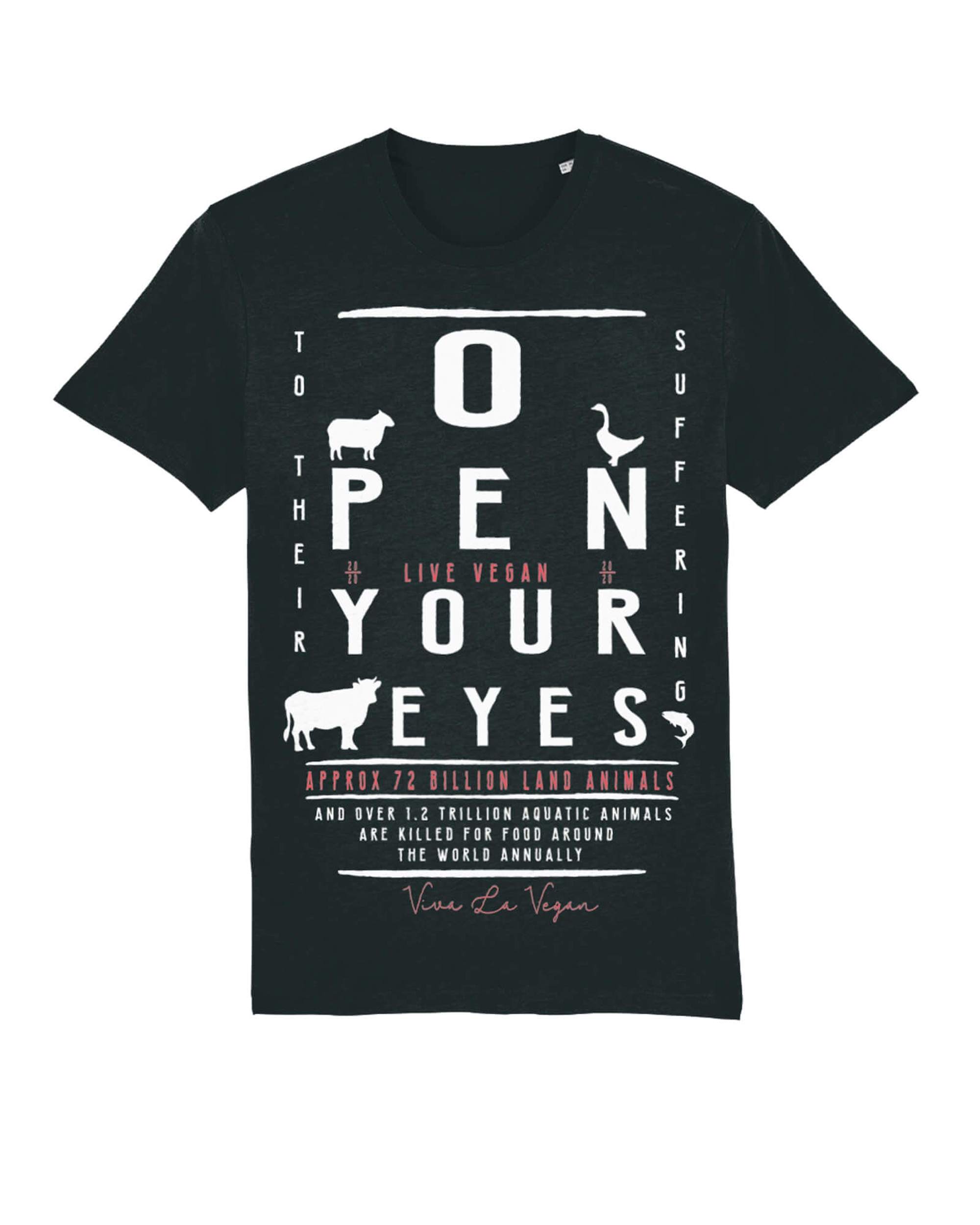 Flat lay of a classic style black tshirt with an extra large torso eyechart inspired print &