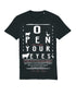Flat lay of a classic style black tshirt with an extra large torso eyechart inspired print &