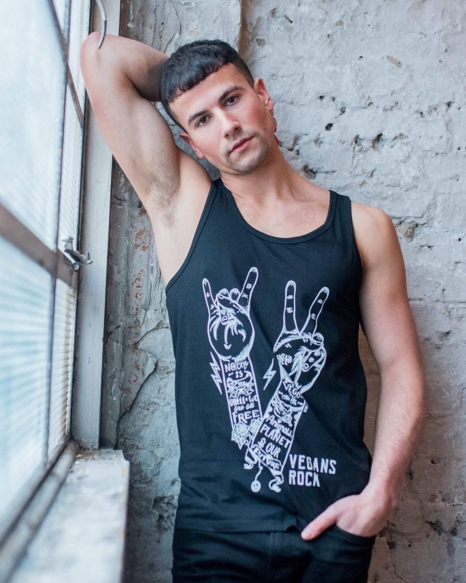 Vegan Model wearing Vegans Rock statement organic cotton vest
