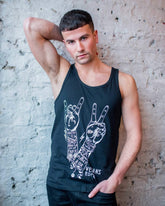 Male Model wearing unisex style Vegans Rock statement organic cotton vest