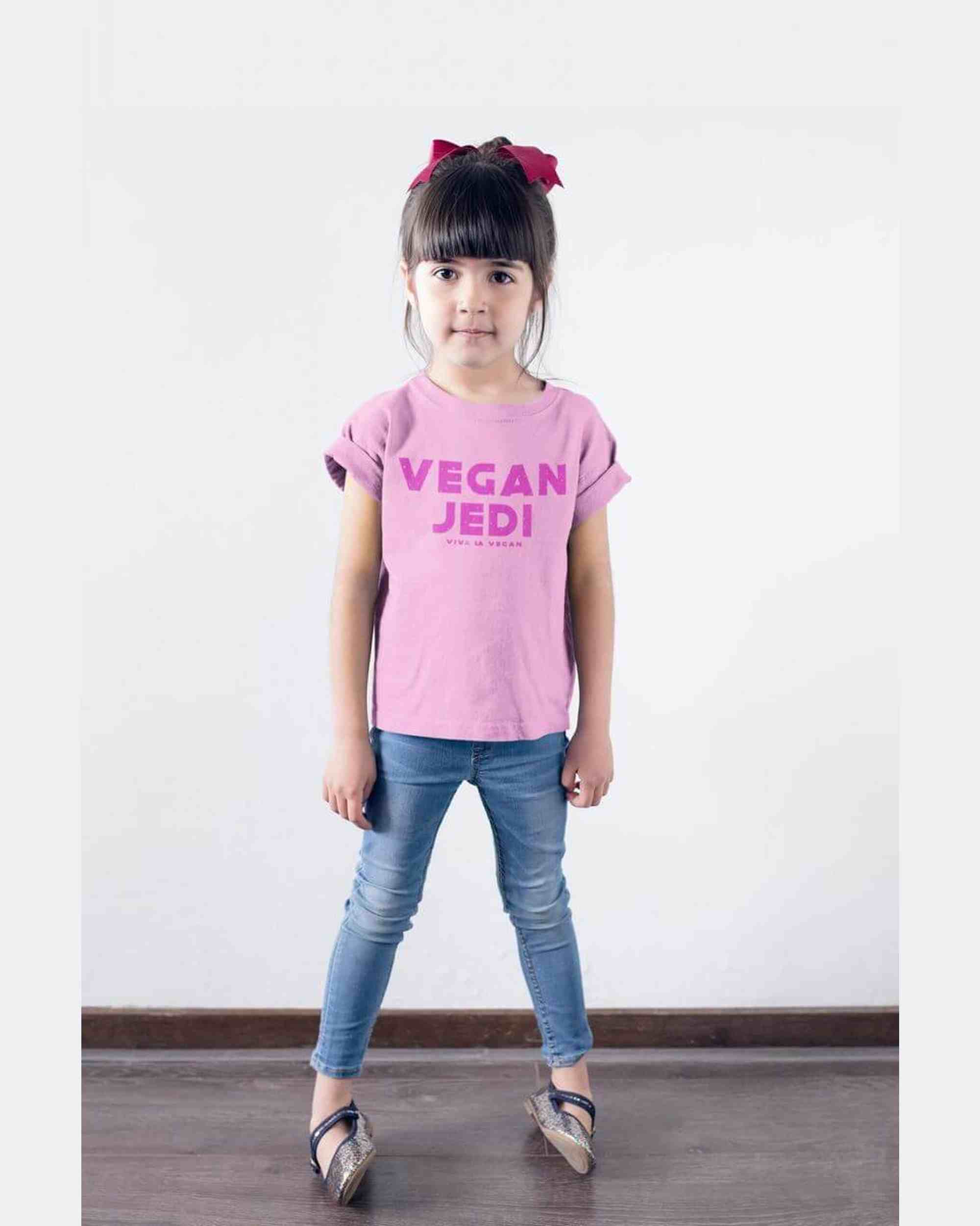 Childrens organic pink, vegan jedi tshirt by eco-ethical brand viva la vegan
