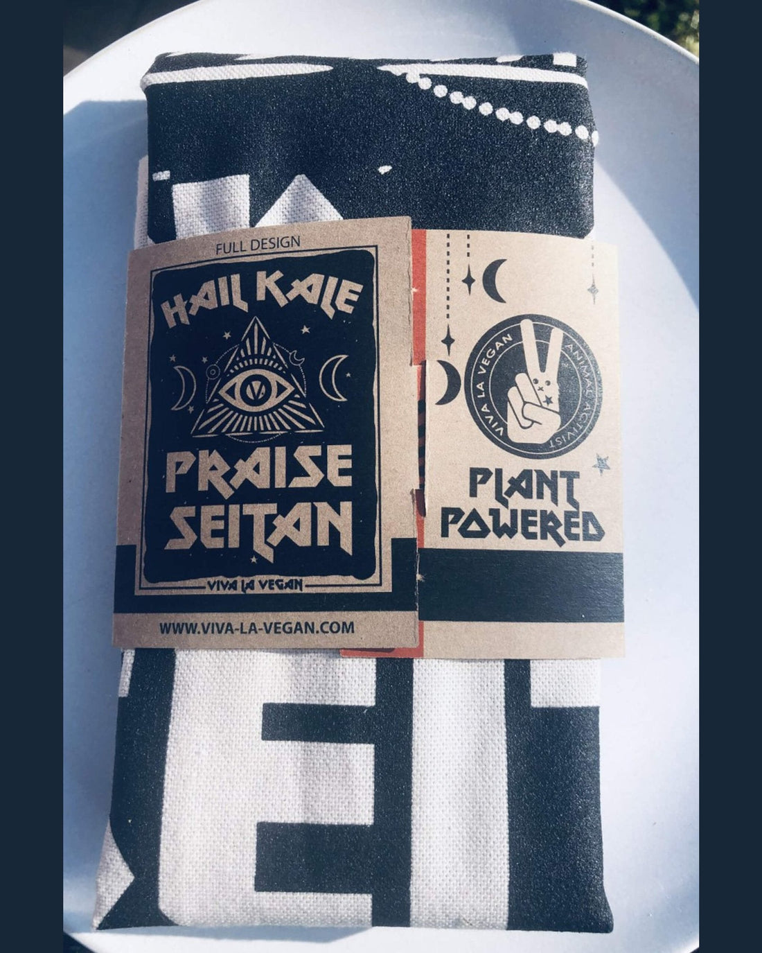 Hail Kale - Praise Seitan Vegan Tea towel packed - back. By eco ethical brand Viva La Vegan