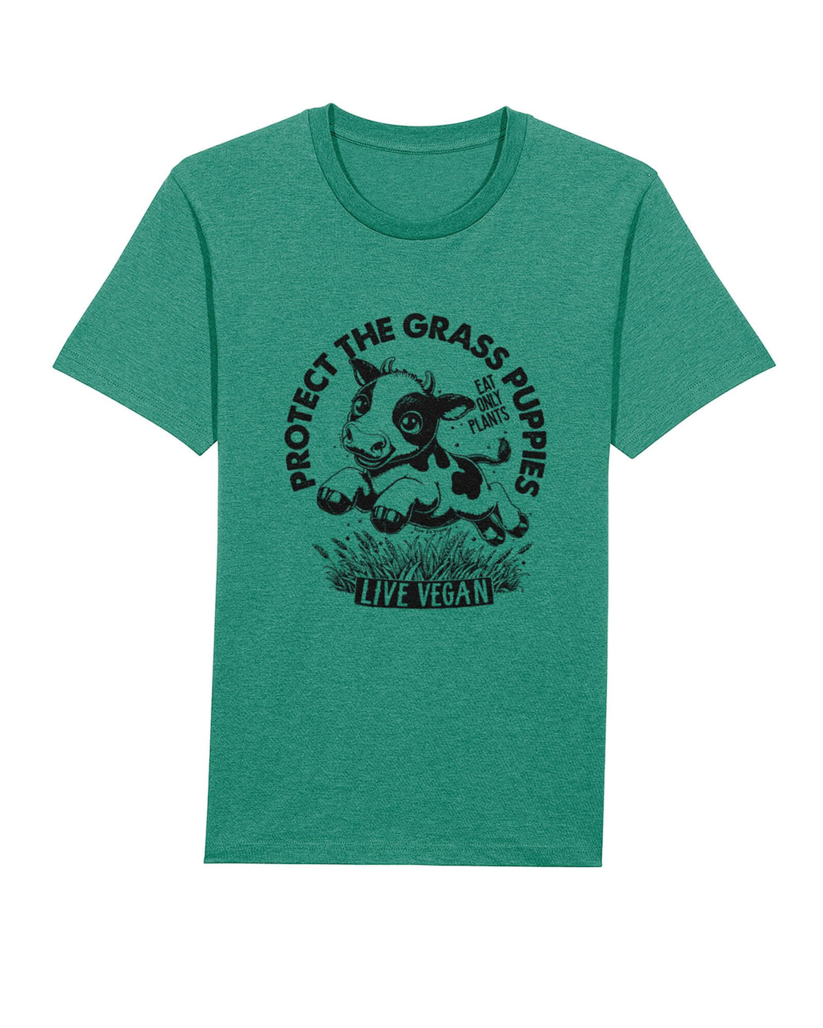 Flat lay unisex tshirt with crew neck, inset sleeves , torso print 'Grass Puppies - Eat Only Plants- Live Vegan - leaping cow print. Varsity Green