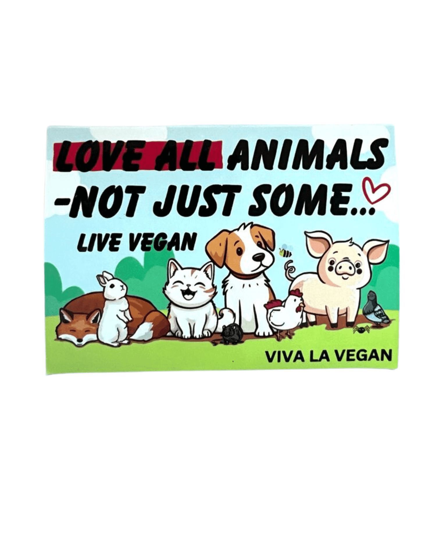 group of cartoon style animals fox, pet rabbit, cat, dog, chicken, pig, pigeon, rat, spider, bee sat on grass with the words Love all animals- not just some ...