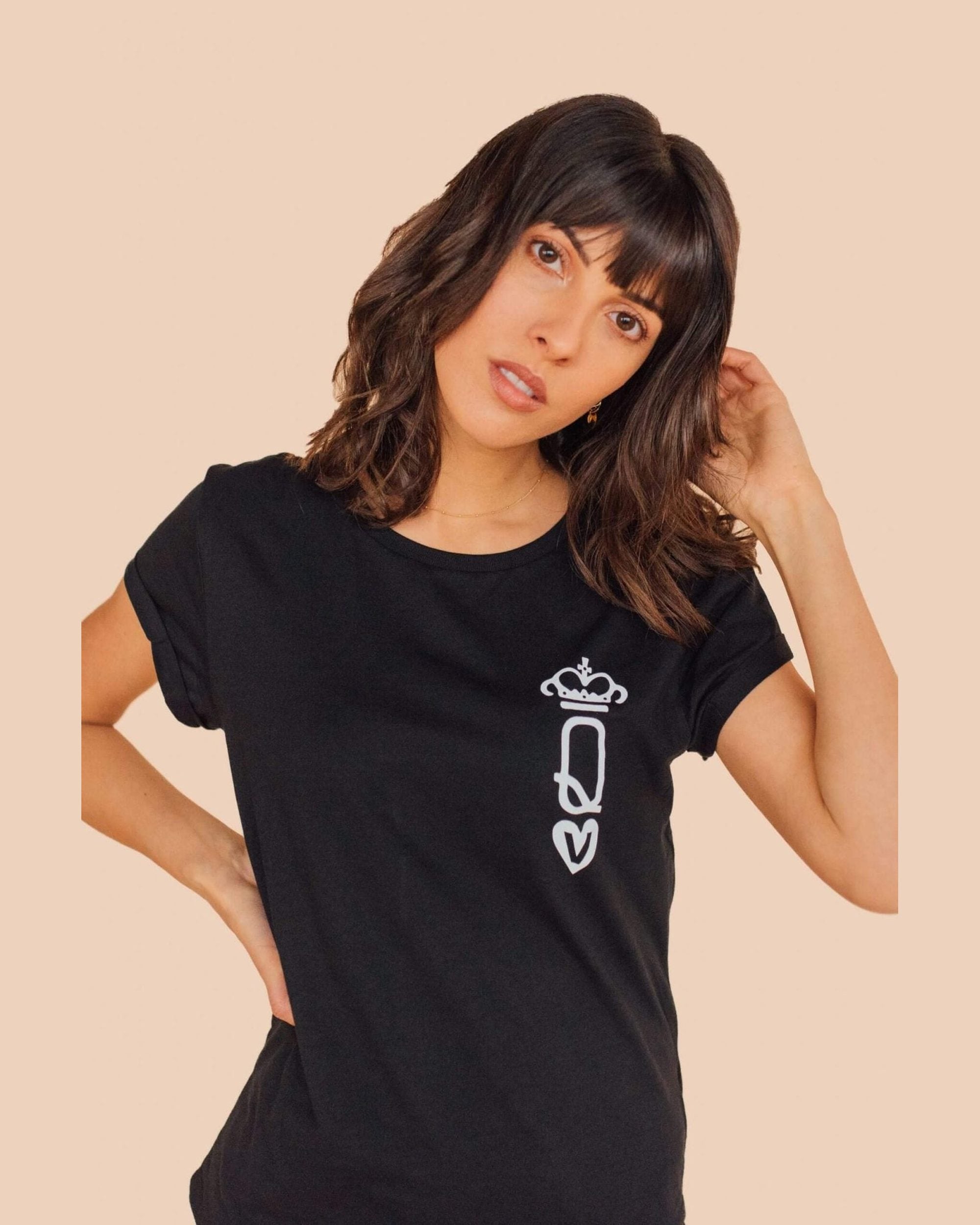 Model Wearing Queen of Hearts Statement organic cotton tshirt