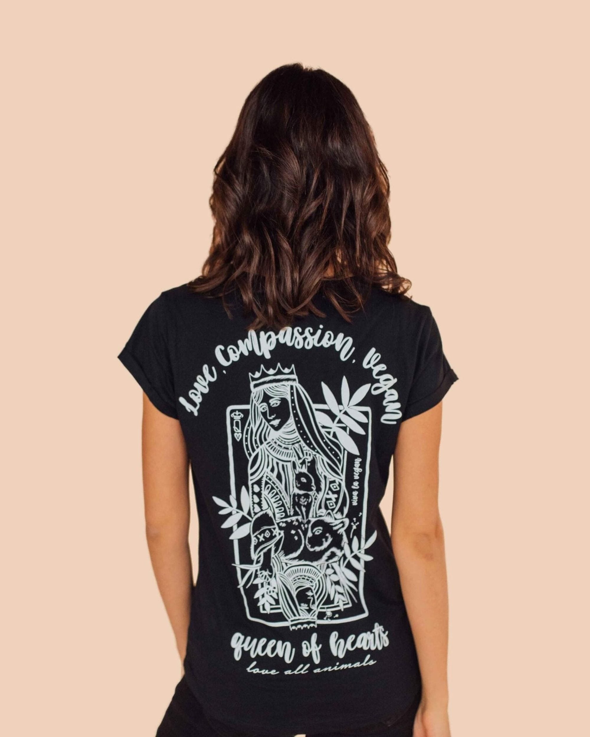 vegan queen of hearts t shirt back