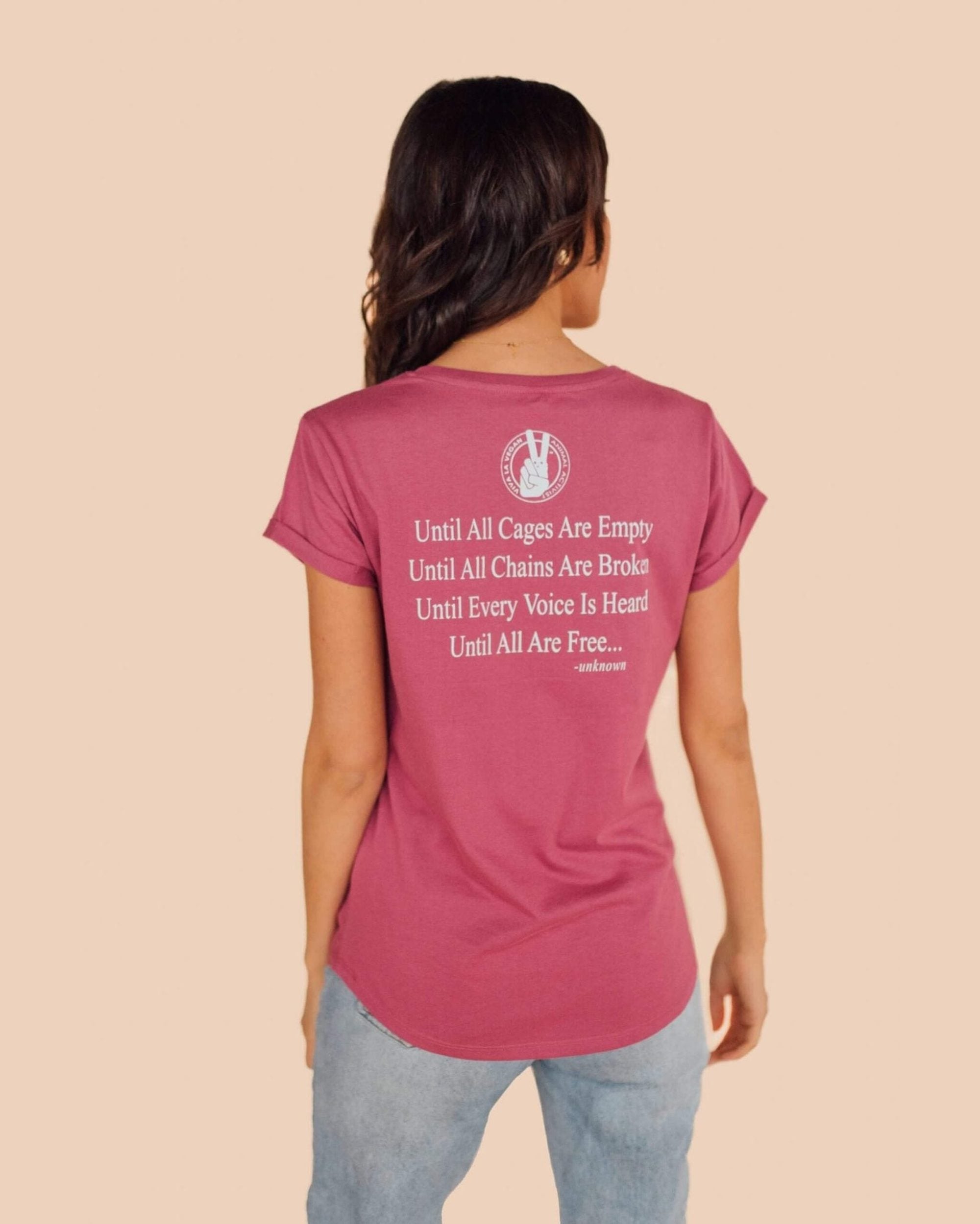 Rear view of Break The Cycle Cherry Colour vegan organic tshirt
