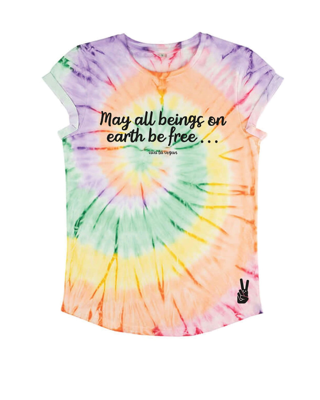 may all beings be free regular fit tie-dye tshirt by eco-ethical brand Viva La Vegan