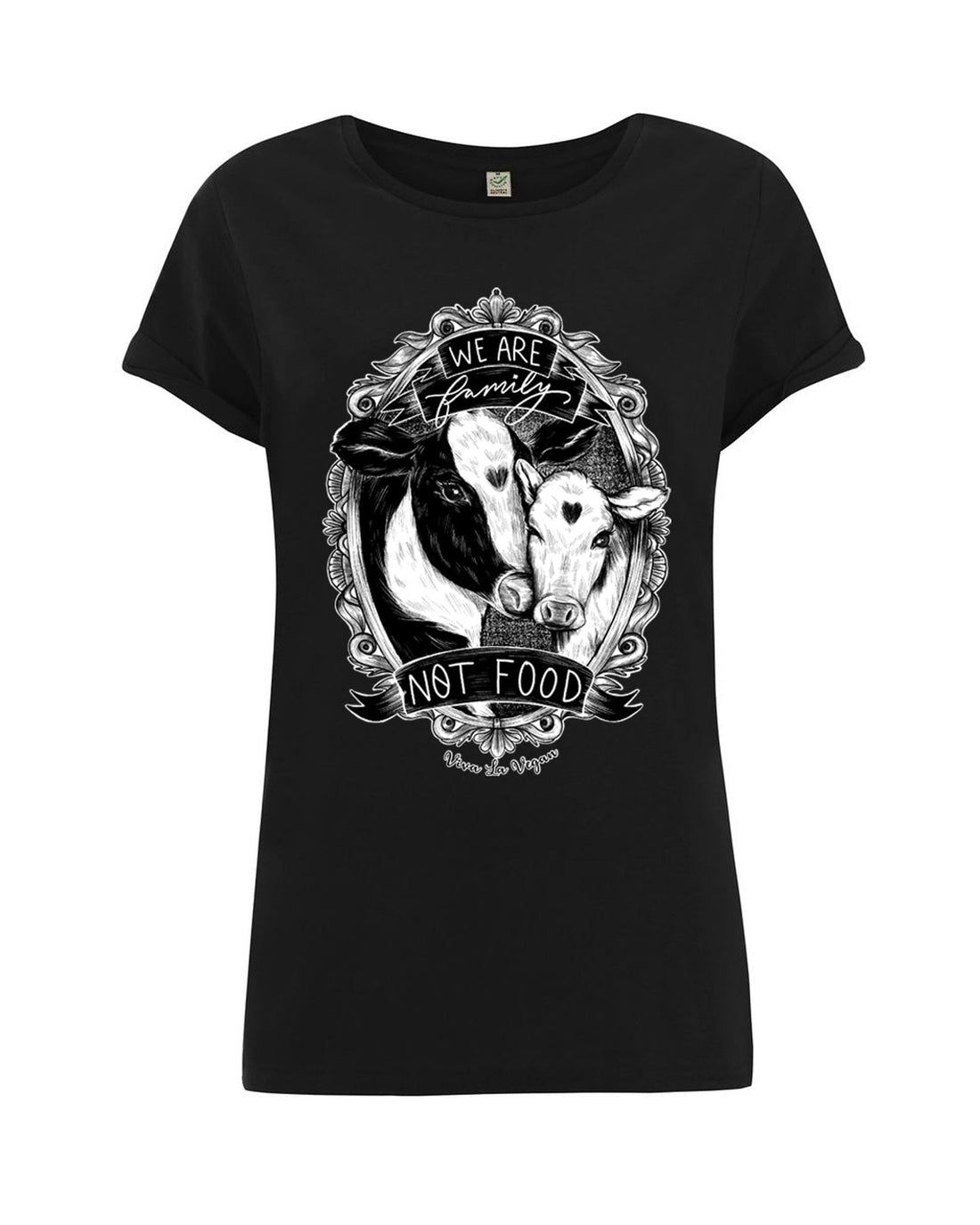 A black vegan t-shirt flat lay on white backgroun showing an illustration of Cow and Calf and the wording Family not food.